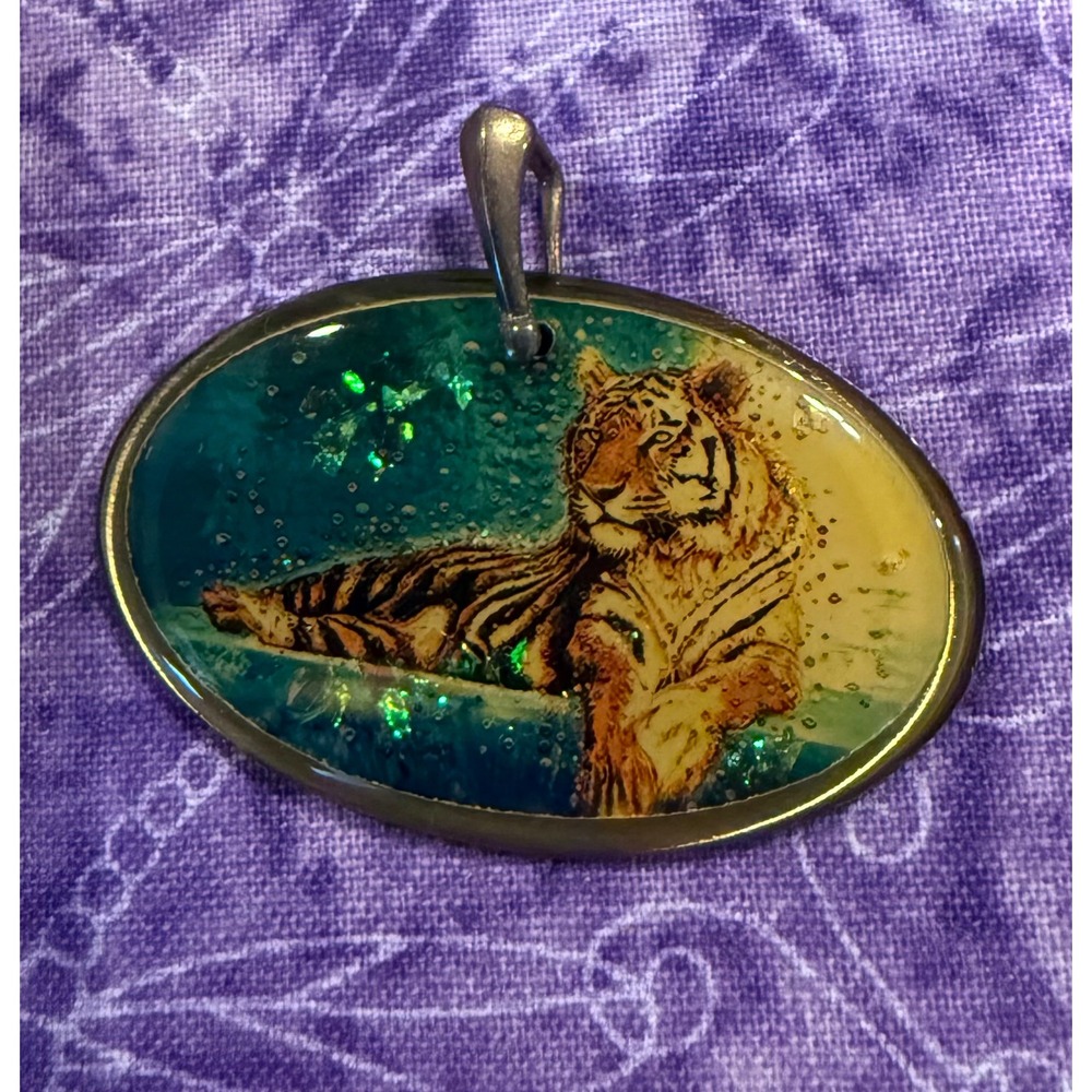 Energy Artist Julia Watkins Pendant Teal Temple Tiger Protective Art Jewelry NEW